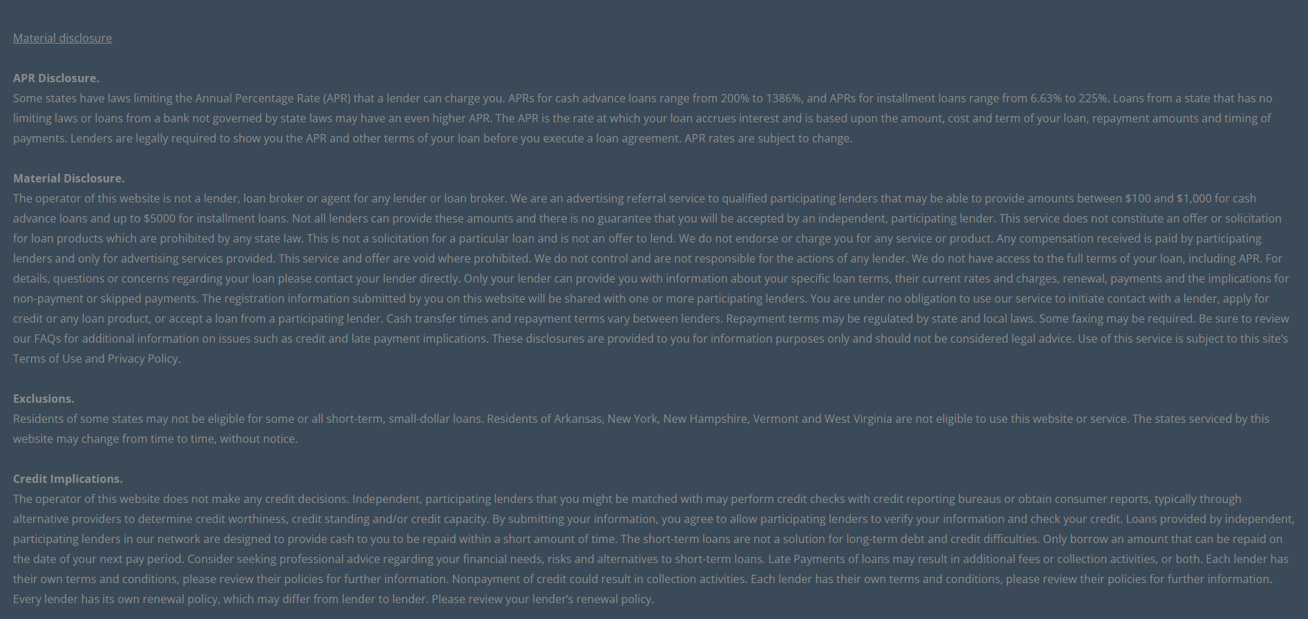 Material disclosure for payday loans in Chattanooga Tennessee